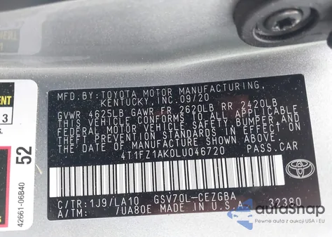 2020 Toyota Camry Xle V6 from USA, damaged, VIN 4T1FZ1AK0LU046720